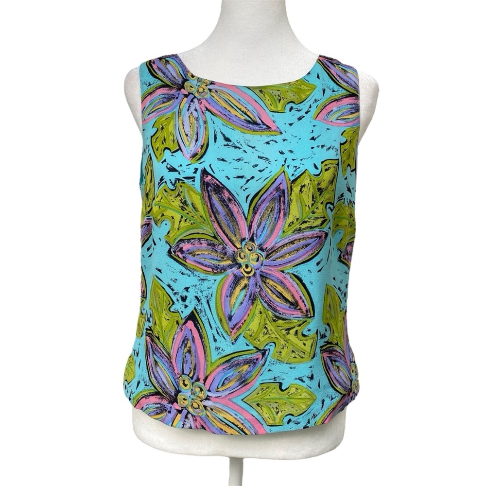 A.B Lambdin 100% Silk Vibrant Floral Sleeveless Blouse
